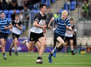 14 October 2021; Ruairi Munnelly of Newbridge College on his way to scoring a try during the Bank of Ireland Leinster Schools Junior Cup semi-final match between St Vincent’s Castleknock College and Newbridge College at Energia Park in Dublin. Photo by Matt Browne/Sportsfile