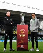 14 October 2021; Chris Shields of Linfield, left, and Graham Burke of Shamrock Rovers during the Unite the Union Champions Cup Launch at The National Football Stadium in Windsor Park, Belfast. Photo by David Fitzgerald/Sportsfile
