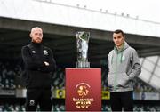 14 October 2021; Chris Shields of Linfield, left, and Graham Burke of Shamrock Rovers during the Unite the Union Champions Cup Launch at The National Football Stadium in Windsor Park, Belfast. Photo by David Fitzgerald/Sportsfile