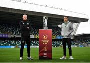 14 October 2021; Chris Shields of Linfield, left, and Graham Burke of Shamrock Rovers during the Unite the Union Champions Cup Launch at The National Football Stadium in Windsor Park, Belfast. Photo by David Fitzgerald/Sportsfile