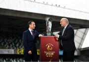 14 October 2021; FAI President Gerry McAnaney, right, and League of Ireland Director Mark Scanlon during the Unite the Union Champions Cup Launch at The National Football Stadium in Windsor Park, Belfast. Photo by David Fitzgerald/Sportsfile