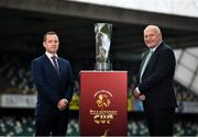 14 October 2021; FAI President Gerry McAnaney, right, and League of Ireland Director Mark Scanlon during the Unite the Union Champions Cup Launch at The National Football Stadium in Windsor Park, Belfast. Photo by David Fitzgerald/Sportsfile