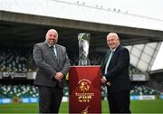 14 October 2021; FAI President Gerry McAnaney, right, and IFA President Conrad Kirkwood during the Unite the Union Champions Cup Launch at The National Football Stadium in Windsor Park, Belfast. Photo by David Fitzgerald/Sportsfile
