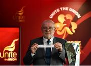 14 October 2021; FAI Director of Competitions, Fran Gavin draws the name of the Aviva Stadium where the cup will be played during the Unite the Union Champions Cup Launch at The National Football Stadium in Windsor Park, Belfast. Photo by David Fitzgerald/Sportsfile