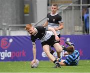 14 October 2021; Dara Cosgrave of Newbridge College scores his third try during the Bank of Ireland Leinster Schools Junior Cup semi-final match between St Vincent’s Castleknock College and Newbridge College at Energia Park in Dublin. Photo by Matt Browne/Sportsfile