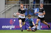 14 October 2021; Dara Cosgrave of Newbridge College on his way to scoring his third try during the Bank of Ireland Leinster Schools Junior Cup semi-final match between St Vincent’s Castleknock College and Newbridge College at Energia Park in Dublin. Photo by Matt Browne/Sportsfile