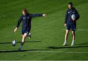 15 October 2021; Ciarán Frawley, left, and Jonathan Sexton during the Leinster rugby captain's run at RDS Arena in Dublin. Photo by Piaras Ó Mídheach/Sportsfile