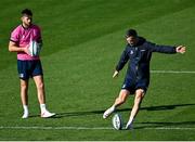 15 October 2021; Jonathan Sexton, right, and Ross Byrne during the Leinster rugby captain's run at RDS Arena in Dublin. Photo by Piaras Ó Mídheach/Sportsfile