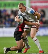 15 October 2021; Will Addison of Ulster is tackled by Megiel Burger Odendaal of Emirates Lions during the United Rugby Championship match between Ulster and Emirates Lions at Kingspan Stadium in Belfast. Photo by Ramsey Cardy/Sportsfile