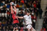 15 October 2021; Ruhan Straeuli of Emirates Lions wins possession in the lineout against Sam Carter of Ulster during the United Rugby Championship match between Ulster and Emirates Lions at Kingspan Stadium in Belfast. Photo by Ramsey Cardy/Sportsfile
