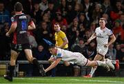 15 October 2021; James Hume of Ulster dives over to score his side's second try during the United Rugby Championship match between Ulster and Emirates Lions at Kingspan Stadium in Belfast. Photo by Ramsey Cardy/Sportsfile