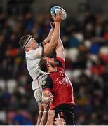 15 October 2021; Matty Rea of Ulster competes for possession with Ruhan Straeuli of Emirates Lions during the United Rugby Championship match between Ulster and Emirates Lions at Kingspan Stadium in Belfast. Photo by Ramsey Cardy/Sportsfile