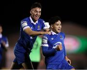 15 October 2021; Phoenix Patterson of Waterford, right, celebrates after scoring his side's first goal during the SSE Airtricity League Premier Division match between Waterford and Finn Harps at the RSC in Waterford. Photo by Michael P Ryan/Sportsfile