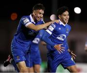 15 October 2021; Phoenix Patterson of Waterford, right, celebrates after scoring his side's first goal during the SSE Airtricity League Premier Division match between Waterford and Finn Harps at the RSC in Waterford. Photo by Michael P Ryan/Sportsfile