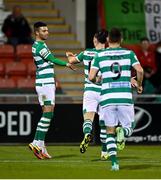 15 October 2021; Danny Mandroiu of Shamrock Rovers, left, is congratulated by team-mate Richie Towell after scoring their side's first goal during the SSE Airtricity League Premier Division match between Shamrock Rovers and Sligo Rovers at Tallaght Stadium in Dublin. Photo by Seb Daly/Sportsfile