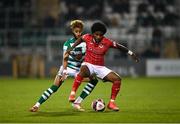 15 October 2021; Walter Figueira of Sligo Rovers in action against Barry Cotter of Shamrock Rovers during the SSE Airtricity League Premier Division match between Shamrock Rovers and Sligo Rovers at Tallaght Stadium in Dublin. Photo by Seb Daly/Sportsfile