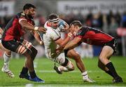 15 October 2021; Rob Herring of Ulster is tackled by Vincent Tshituka, left, and Andre Warner of Emirates Lions during the United Rugby Championship match between Ulster and Emirates Lions at Kingspan Stadium in Belfast. Photo by Ramsey Cardy/Sportsfile