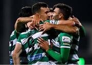 15 October 2021; Aaron Greene of Shamrock Rovers, left, celebrates with team-mate Danny Mandroiu after scoring their side's second goal during the SSE Airtricity League Premier Division match between Shamrock Rovers and Sligo Rovers at Tallaght Stadium in Dublin. Photo by Seb Daly/Sportsfile