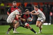 15 October 2021; Megiel Burger Odendaal of Emirates Lions is tackled by Nick Timoney, left, and Stewart Moore of Ulster during the United Rugby Championship match between Ulster and Emirates Lions at Kingspan Stadium in Belfast. Photo by Ramsey Cardy/Sportsfile