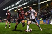 15 October 2021; Darragh Leahy of Dundalk in action against Keith Buckley of Bohemians during the SSE Airtricity League Premier Division match between Bohemians and Dundalk at Dalymount Park in Dublin. Photo by Ben McShane/Sportsfile