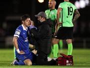 15 October 2021; Greg Halford of Waterford receives medical attention following a clash with Johnny Dunleavy of Finn Harps during the SSE Airtricity League Premier Division match between Waterford and Finn Harps at the RSC in Waterford. Photo by Michael P Ryan/Sportsfile