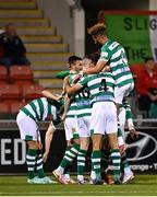 15 October 2021; Danny Mandroiu of Shamrock Rovers celebrates with team-mates after scoring their side's first goal during the SSE Airtricity League Premier Division match between Shamrock Rovers and Sligo Rovers at Tallaght Stadium in Dublin. Photo by Seb Daly/Sportsfile