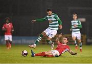 15 October 2021; Danny Mandroiu of Shamrock Rovers is tackled by John Mahon of Sligo Rovers during the SSE Airtricity League Premier Division match between Shamrock Rovers and Sligo Rovers at Tallaght Stadium in Dublin. Photo by Seb Daly/Sportsfile