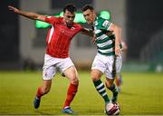 15 October 2021; Aaron Greene of Shamrock Rovers in action against John Mahon of Sligo Rovers during the SSE Airtricity League Premier Division match between Shamrock Rovers and Sligo Rovers at Tallaght Stadium in Dublin. Photo by Seb Daly/Sportsfile