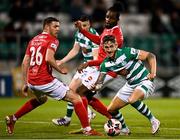 15 October 2021; Lee Grace of Shamrock Rovers in action against Garry Buckley of Sligo Rovers during the SSE Airtricity League Premier Division match between Shamrock Rovers and Sligo Rovers at Tallaght Stadium in Dublin. Photo by Seb Daly/Sportsfile