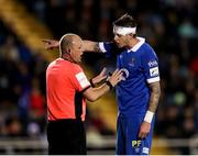 15 October 2021; Greg Halford of Waterford speaks with referee Graham Kelly following goalkeeper Brian Murphy's sending off during the SSE Airtricity League Premier Division match between Waterford and Finn Harps at the RSC in Waterford. Photo by Michael P Ryan/Sportsfile