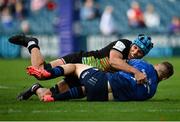 9 October 2021; Jordan Larmour of Leinster is tackled by Luca Andreani of Zebre during the United Rugby Championship match between Leinster and Zebre at RDS Arena in Dublin. Photo by Sam Barnes/Sportsfile