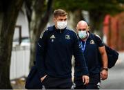 16 October 2021; Garry Ringrose of Leinster and Leinster forwards and scrum coach Robin McBryde arrive before the United Rugby Championship match between Leinster and Scarlets at the RDS Arena in Dublin. Photo by Harry Murphy/Sportsfile