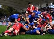 16 October 2021; Leinster players including Ross Molony and Tadhg Furlong of Leinster celebrate as Rónan Kelleher of Leinster scores his side's first try during the United Rugby Championship match between Leinster and Scarlets at the RDS Arena in Dublin. Photo by Harry Murphy/Sportsfile
