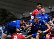 16 October 2021; Leinster players, from left, James Lowe Ross Molony and Tadhg Furlong of Leinster celebrate as Rónan Kelleher of Leinster scores his side's first try during the United Rugby Championship match between Leinster and Scarlets at the RDS Arena in Dublin. Photo by Harry Murphy/Sportsfile