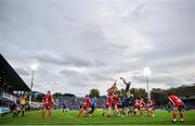 16 October 2021; Ross Molony of Leinster wins possession in the lineout against Aaron Shingler of Scarlets during the United Rugby Championship match between Leinster and Scarlets at the RDS Arena in Dublin. Photo by Ramsey Cardy/Sportsfile