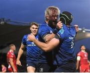 16 October 2021; Caelan Doris of Leinster, right, is congratulated by team-mate Andrew Porter after scoring their side's fourth try during the United Rugby Championship match between Leinster and Scarlets at the RDS Arena in Dublin. Photo by Seb Daly/Sportsfile