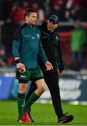 16 October 2021; Connacht head coach Andy Friend, right, in conversation with Jack Carty of Connacht before the United Rugby Championship match between Munster and Connacht at Thomond Park in Limerick. Photo by Piaras Ó Mídheach/Sportsfile
