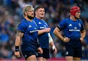 16 October 2021; Leinster players, from left, Andrew Porter, Tadhg Furlong and Josh van der Flier during the United Rugby Championship match between Leinster and Scarlets at the RDS Arena in Dublin. Photo by Ramsey Cardy/Sportsfile