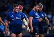 16 October 2021; The Leinster front row, from left, Tadhg Furlong, Rónan Kelleher and Andrew Porter during the United Rugby Championship match between Leinster and Scarlets at the RDS Arena in Dublin. Photo by Ramsey Cardy/Sportsfile