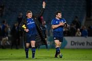 16 October 2021; Tadhg Furlong, left, and Cian Healy of Leinster after their side's victory over Scarlets in their United Rugby Championship match at the RDS Arena in Dublin. Photo by Seb Daly/Sportsfile