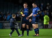 16 October 2021; Cian Healy and Tadhg Furlong of Leinster with Luca Sexton after the United Rugby Championship match between Leinster and Scarlets at the RDS Arena in Dublin. Photo by Harry Murphy/Sportsfile