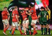 16 October 2021; Chris Cloete of Munster, centre left, in congratulated by team-mate Jean Kleyn after winning a penalty during the United Rugby Championship match between Munster and Connacht at Thomond Park in Limerick. Photo by David Fitzgerald/Sportsfile