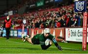 16 October 2021; Mack Hansen of Connacht dives over to score a try which was subsequently disallowed due to forward pass in the build up during the United Rugby Championship match between Munster and Connacht at Thomond Park in Limerick. Photo by David Fitzgerald/Sportsfile