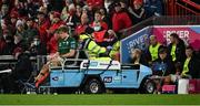 16 October 2021; Cian Prendergast of Connacht leaves the pitch on a medical buggy to receive medical attention for an injury during the United Rugby Championship match between Munster and Connacht at Thomond Park in Limerick. Photo by Piaras Ó Mídheach/Sportsfile