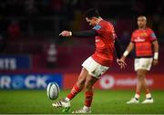 16 October 2021; Joey Carbery of Munster kicks a penalty during the United Rugby Championship match between Munster and Connacht at Thomond Park in Limerick. Photo by David Fitzgerald/Sportsfile
