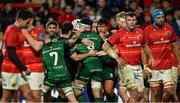 16 October 2021; Paul Boyle of Connacht, 8, celebrates with team-mates after scoring his side's first try during the United Rugby Championship match between Munster and Connacht at Thomond Park in Limerick. Photo by Piaras Ó Mídheach/Sportsfile