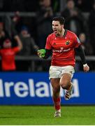 16 October 2021; Joey Carbery of Munster celebrates after scoring a late conversion to win the United Rugby Championship match between Munster and Connacht at Thomond Park in Limerick. Photo by Piaras Ó Mídheach/Sportsfile