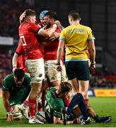 16 October 2021; Diarmuid Barron of Munster, right, celebrates with Jack O'Donoghue after scoring his side's second try during the United Rugby Championship match between Munster and Connacht at Thomond Park in Limerick. Photo by David Fitzgerald/Sportsfile