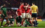 16 October 2021; Diarmuid Barron of Munster, right, celebrates with Jack O'Donoghue after scoring his side's second try during the United Rugby Championship match between Munster and Connacht at Thomond Park in Limerick. Photo by David Fitzgerald/Sportsfile
