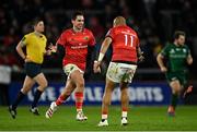 16 October 2021; Joey Carbery of Munster, left, celebrates with team-mate Simon Zebo after Carbery scored a late conversion to win the United Rugby Championship match between Munster and Connacht at Thomond Park in Limerick. Photo by Piaras Ó Mídheach/Sportsfile